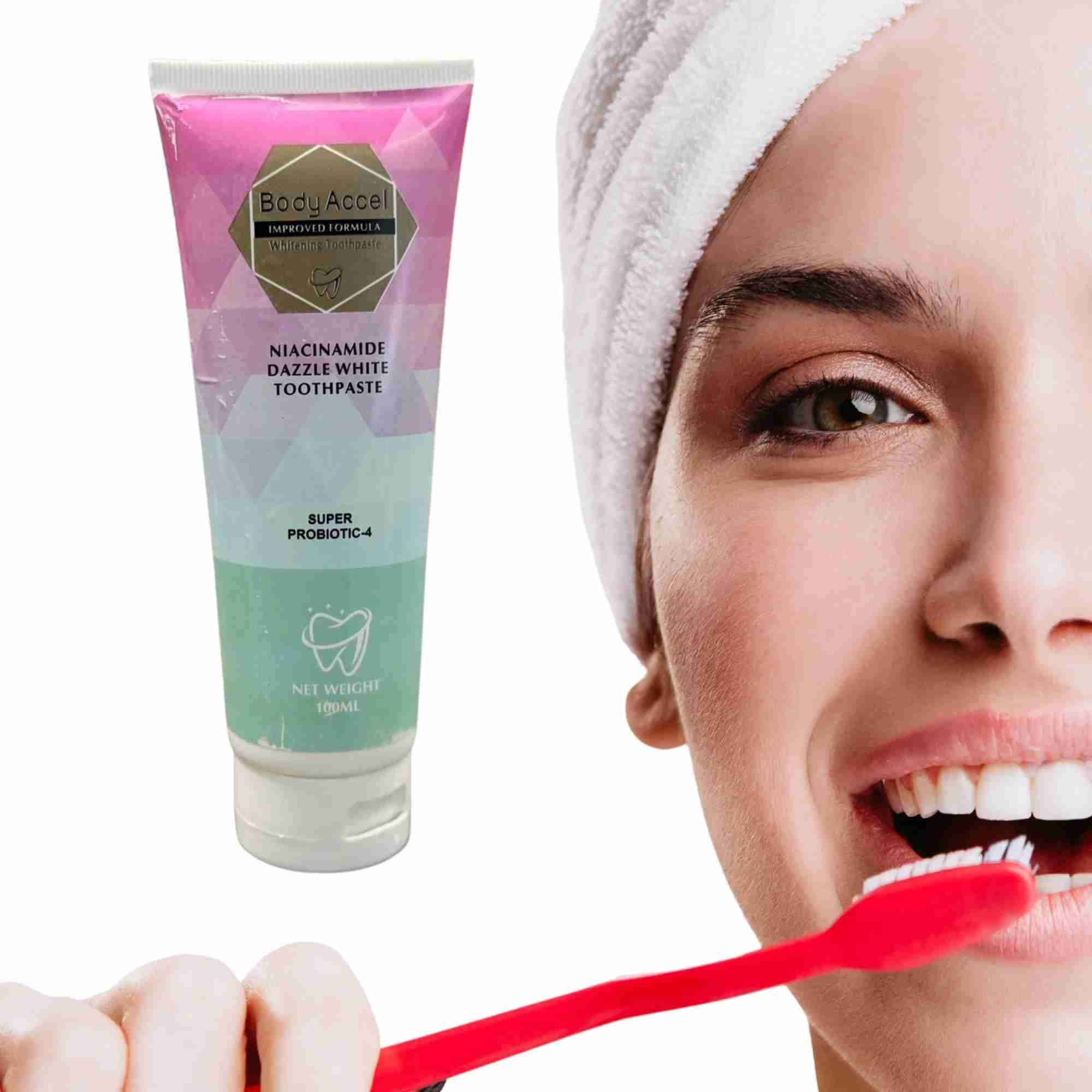 Body Accel Niacinamide Whitening Toothpaste 100ml – Advanced Stain Removal With Probiotics For Bright Smile & Fresh Breath